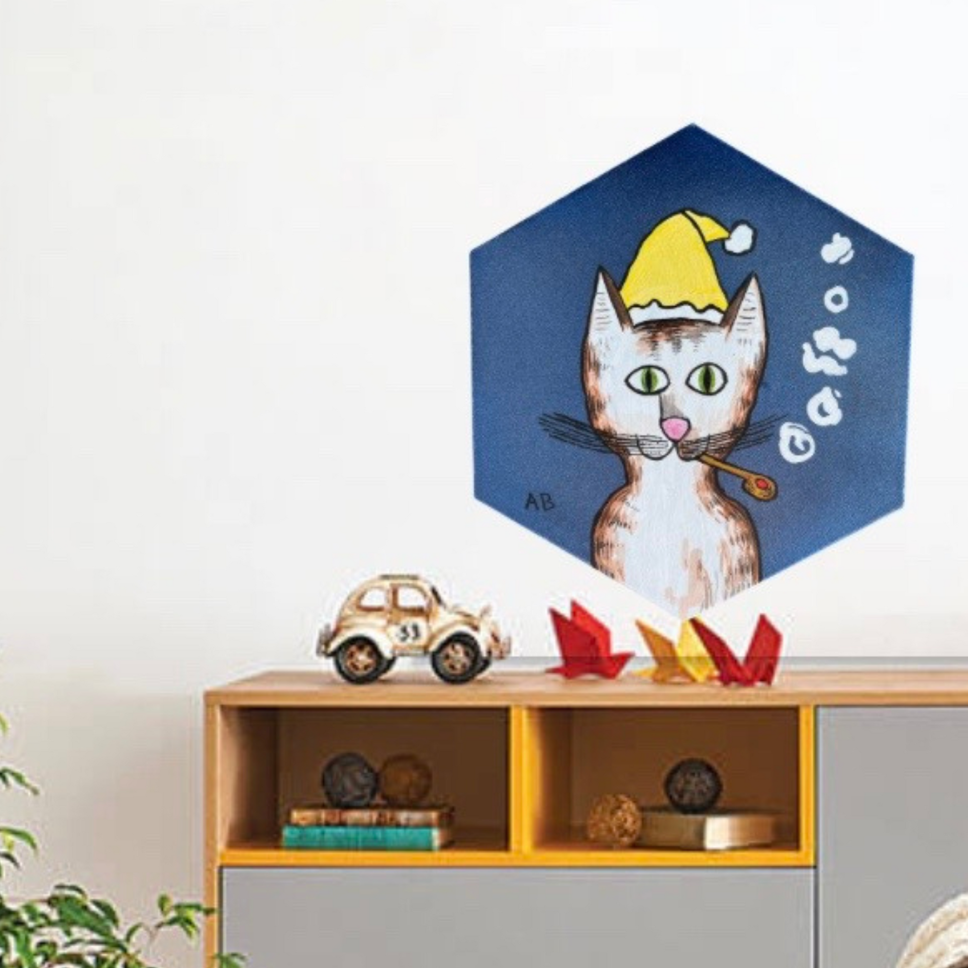 Gentleman's Cat with Yellow Winter Hat on Metallic Blue - hexagon canvas - Arjuna Rigby Art and Lifestyle Store