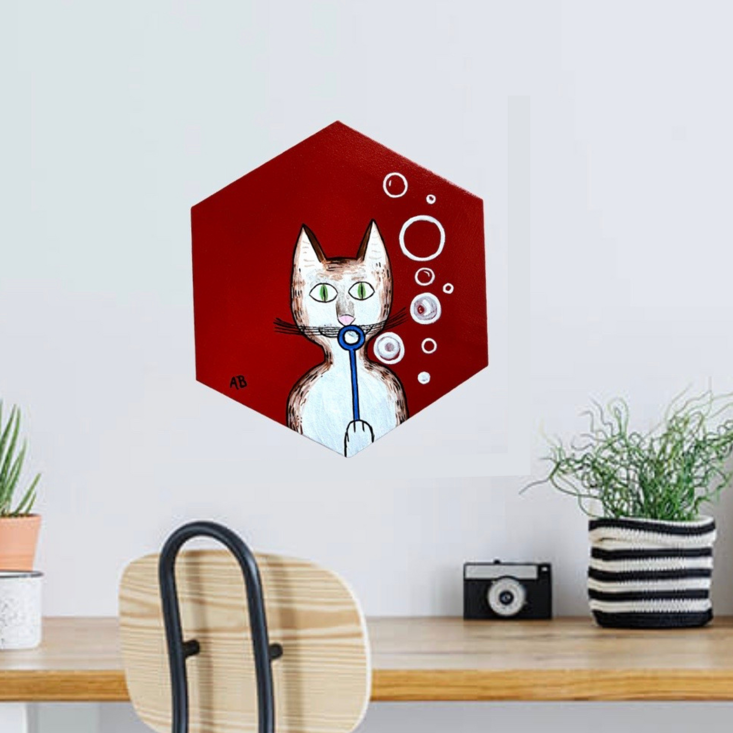 Gentleman's Cat on red background blowing bubbles - Arjuna Rigby Art and Lifestyle Store