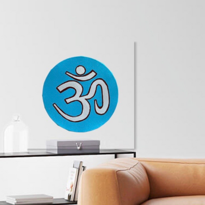 Small Hand Painted OM symbol Circle - Natural gray on lagoon blue - Arjuna Rigby Art and Lifestyle Store