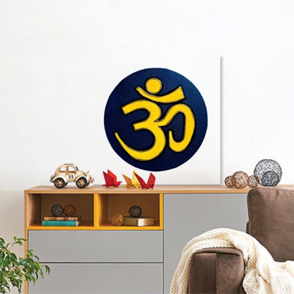 Small Hand Painted OM symbol Circle - Yellow on Metallic blue - Arjuna Rigby Art and Lifestyle Store