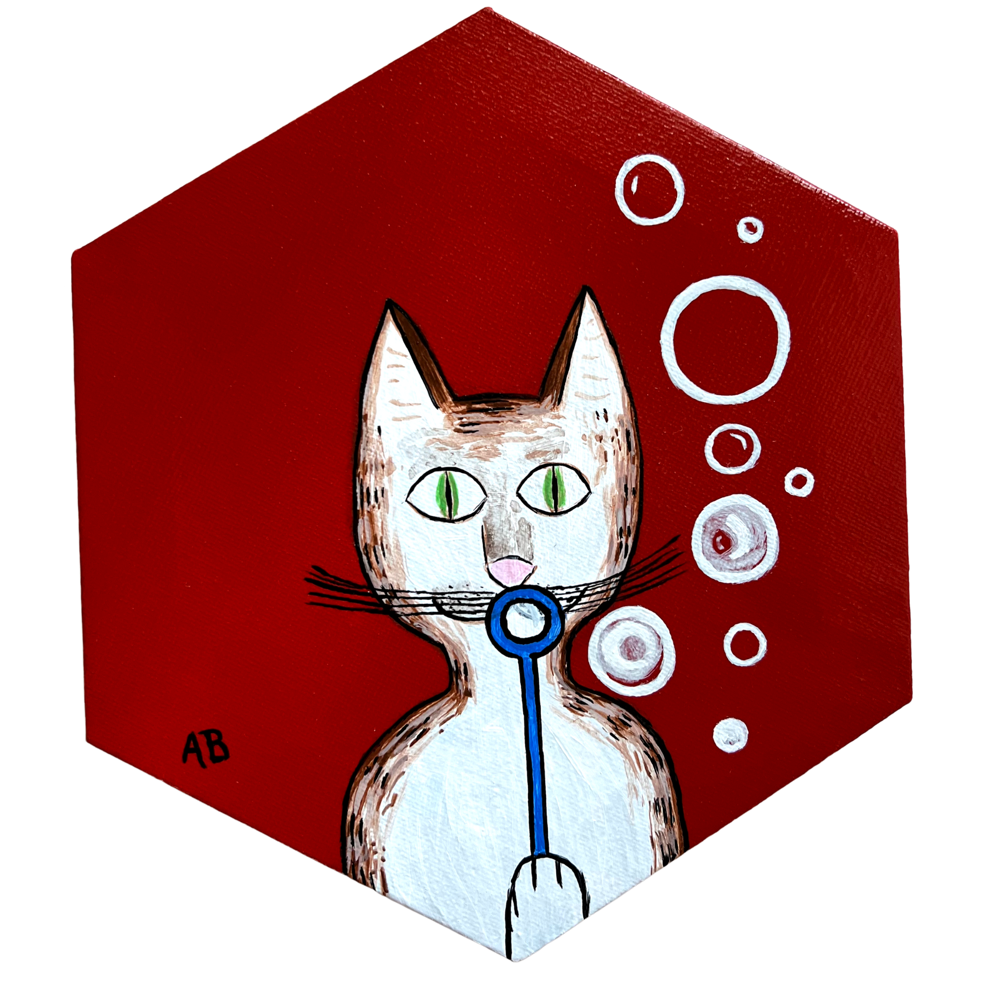 Gentleman's Cat on red background blowing bubbles - Arjuna Rigby Art and Lifestyle Store