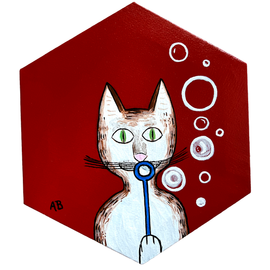 Gentleman's Cat on red background blowing bubbles - Arjuna Rigby Art and Lifestyle Store