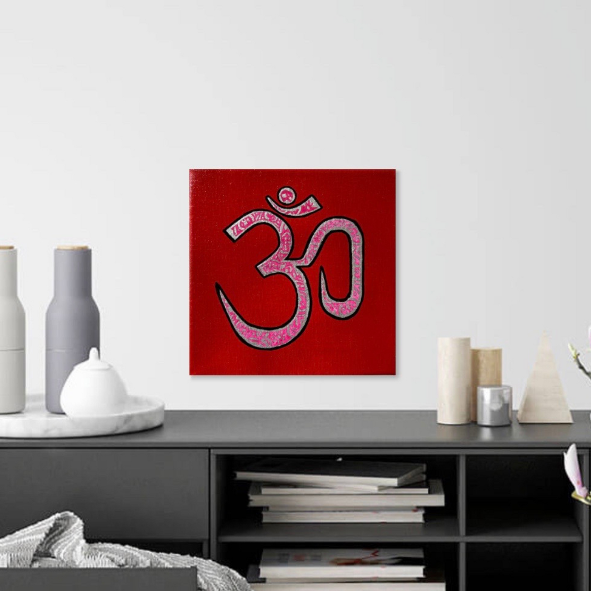 Pink & Silver AUM Symbol on red 6 x 6 inch canvas - Arjuna Rigby Art and Lifestyle Store