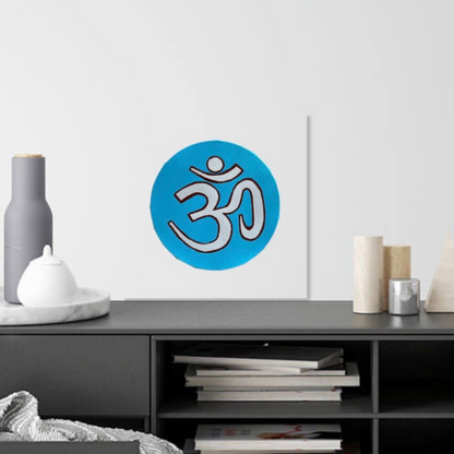 Small Hand Painted OM symbol Circle - Natural gray on lagoon blue - Arjuna Rigby Art and Lifestyle Store