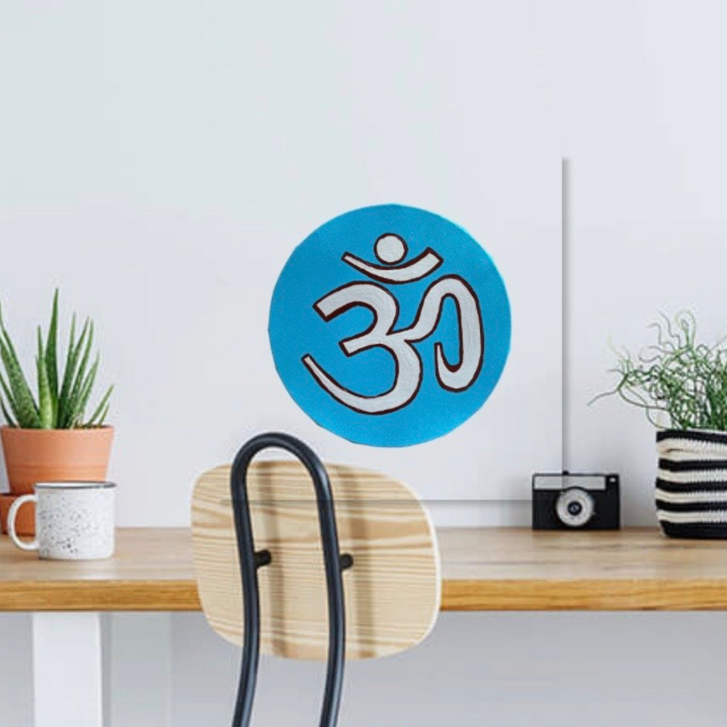 Small Hand Painted OM symbol Circle - Natural gray on lagoon blue - Arjuna Rigby Art and Lifestyle Store