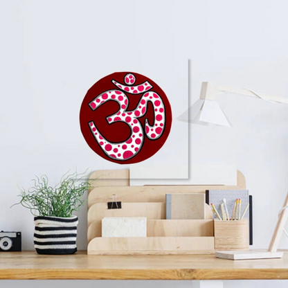 Small Hand Painted OM symbol Circle - Pink Polka Dots on Red - Arjuna Rigby Art and Lifestyle Store