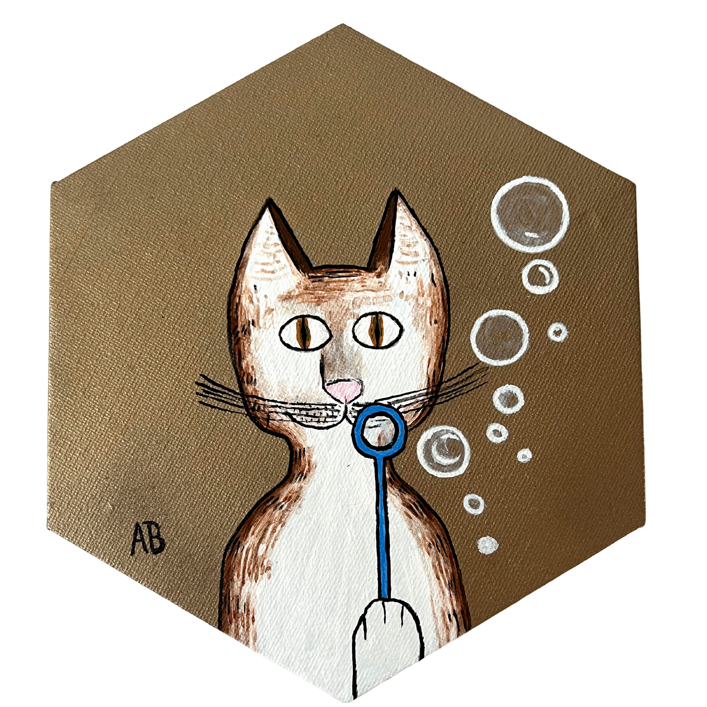 Gentleman's Cat blowing bubbles (Gold background) - Arjuna Rigby Art and Lifestyle Store