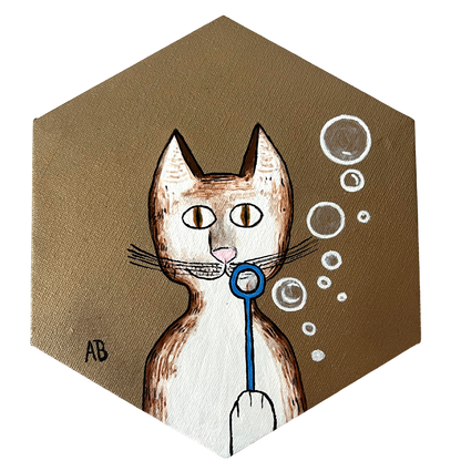 Gentleman's Cat blowing bubbles (Gold background) - Arjuna Rigby Art and Lifestyle Store