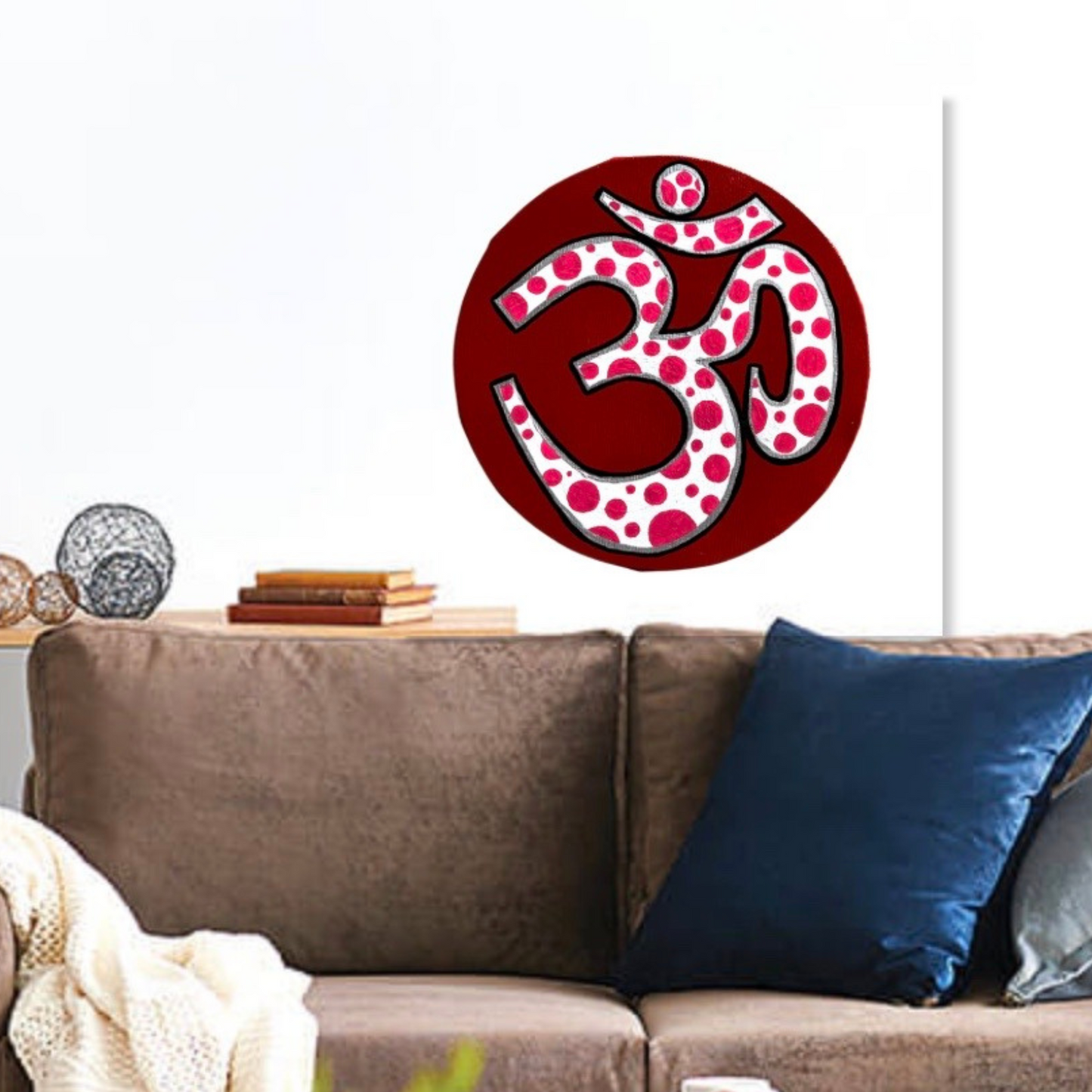 Small Hand Painted OM symbol Circle - Pink Polka Dots on Red - Arjuna Rigby Art and Lifestyle Store