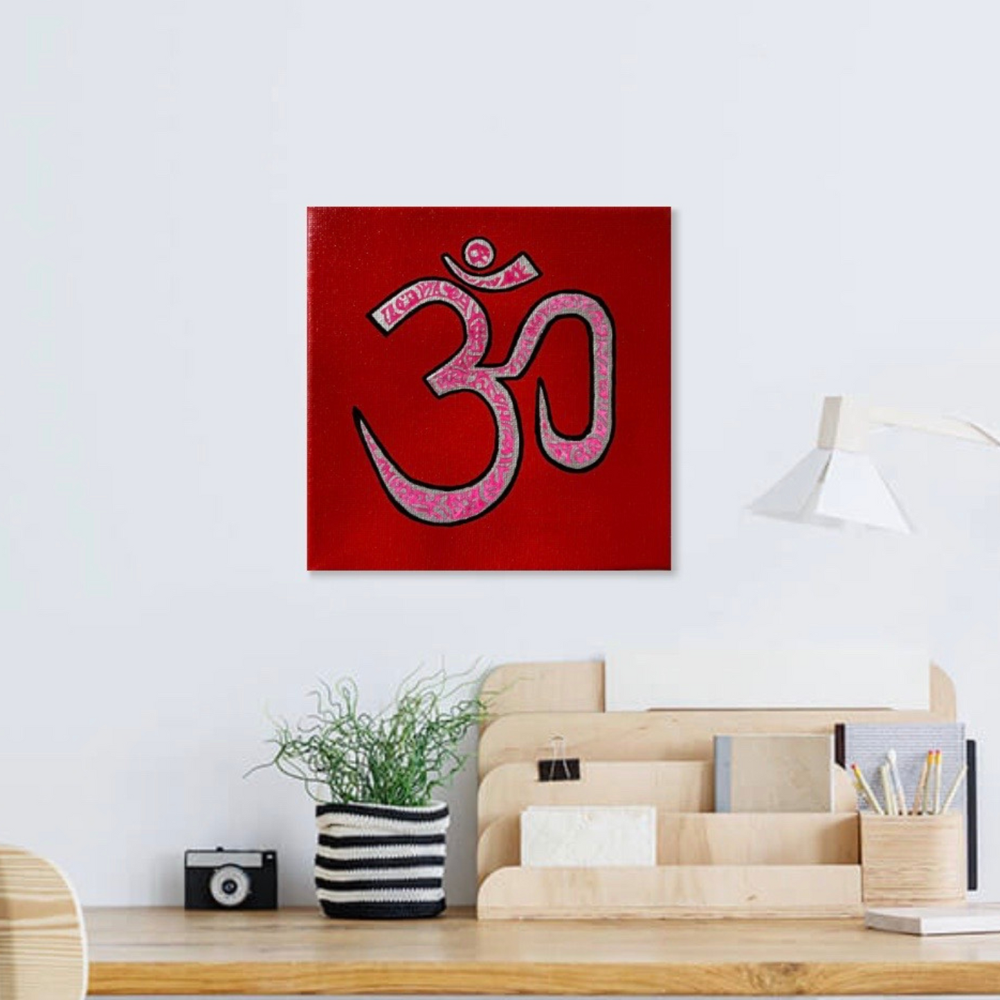 Pink & Silver AUM Symbol on red 6 x 6 inch canvas - Arjuna Rigby Art and Lifestyle Store