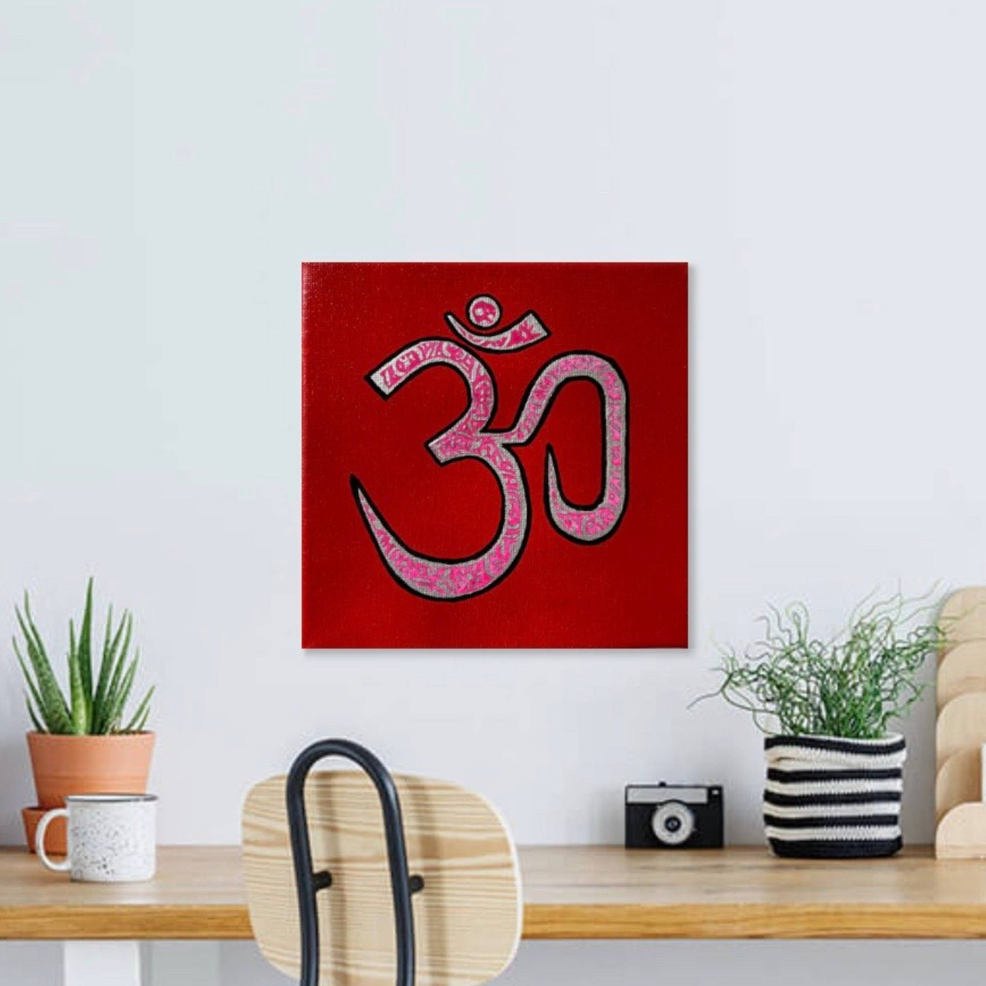 Pink & Silver AUM Symbol on red 6 x 6 inch canvas - Arjuna Rigby Art and Lifestyle Store