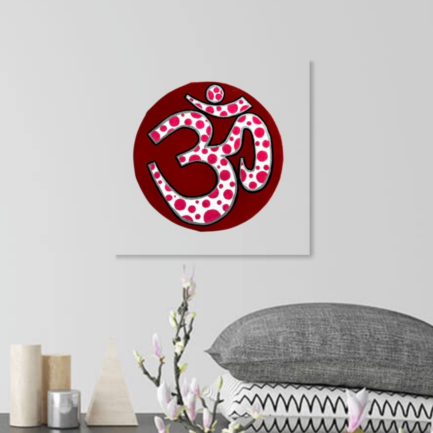 Small Hand Painted OM symbol Circle - Pink Polka Dots on Red - Arjuna Rigby Art and Lifestyle Store