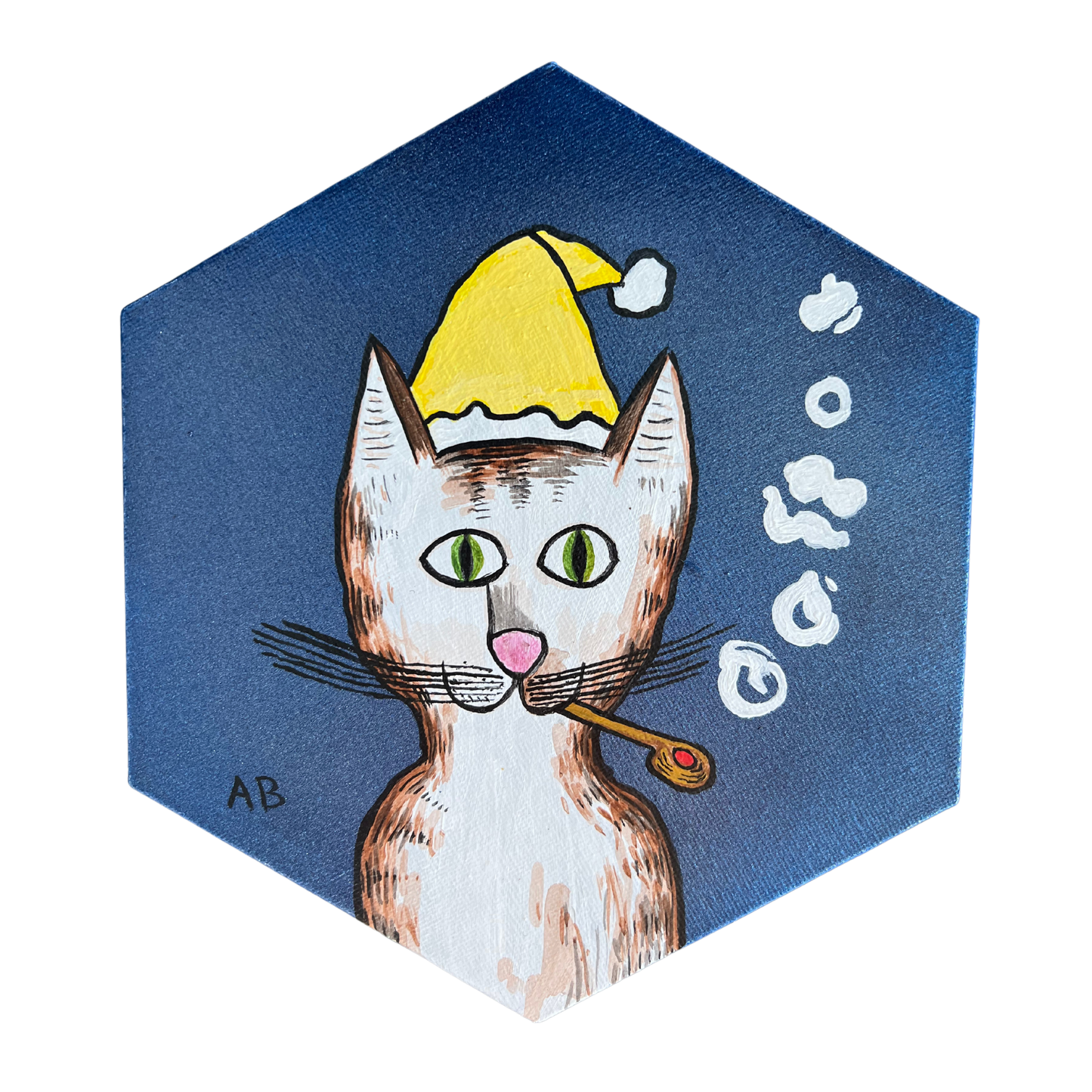 Gentleman's Cat with Yellow Winter Hat on Metallic Blue - hexagon canvas - Arjuna Rigby Art and Lifestyle Store