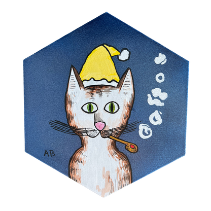 Gentleman's Cat with Yellow Winter Hat on Metallic Blue - hexagon canvas - Arjuna Rigby Art and Lifestyle Store