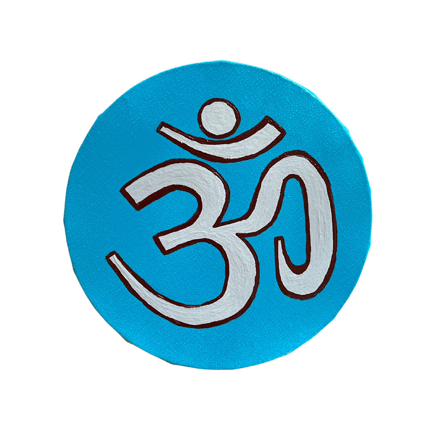 Small Hand Painted OM symbol Circle - Natural gray on lagoon blue - Arjuna Rigby Art and Lifestyle Store