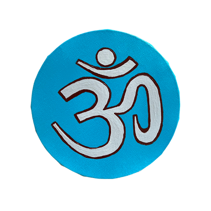 Small Hand Painted OM symbol Circle - Natural gray on lagoon blue - Arjuna Rigby Art and Lifestyle Store